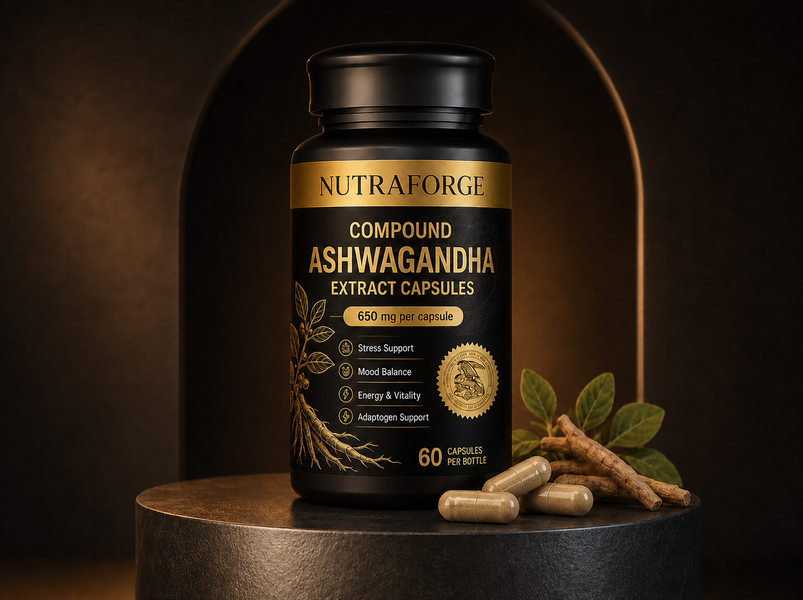 Compound ashwagandha extract capsules private label bottle mockup