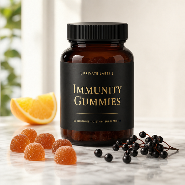 Immunity gummies private label amber bottle mockup