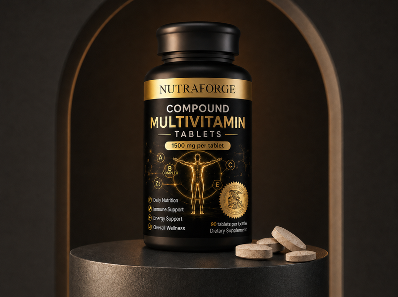Compound multivitamin tablets private label bottle mockup