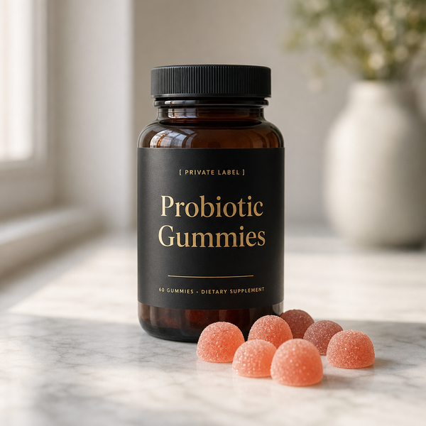 Probiotic gummies private label amber bottle mockup
