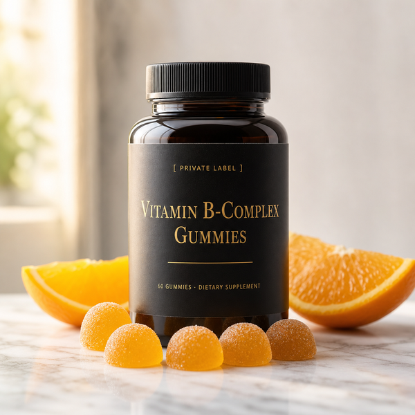 Vitamin B-Complex gummies private label amber bottle mockup